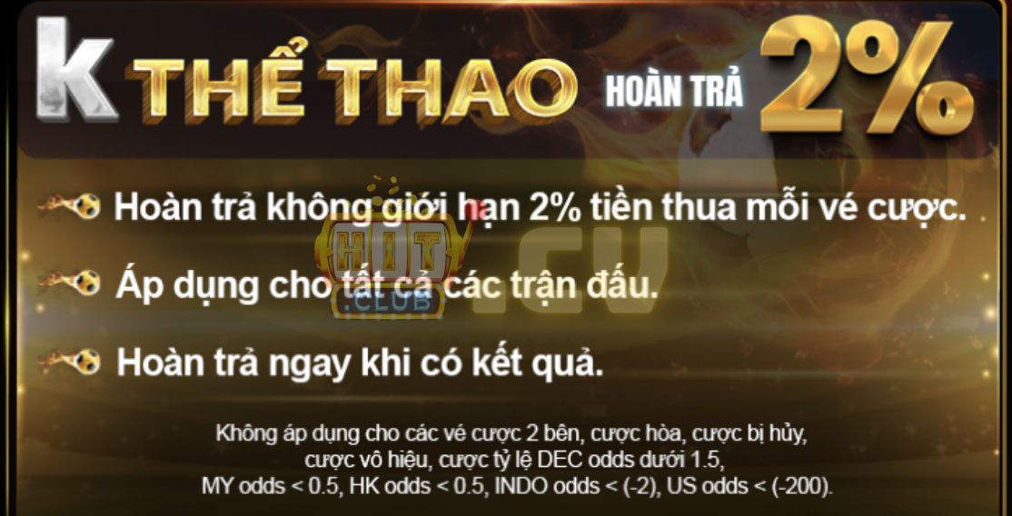 Khuyến mãi HitClub hoàn trả 2% không giới hạn tại K thể thao