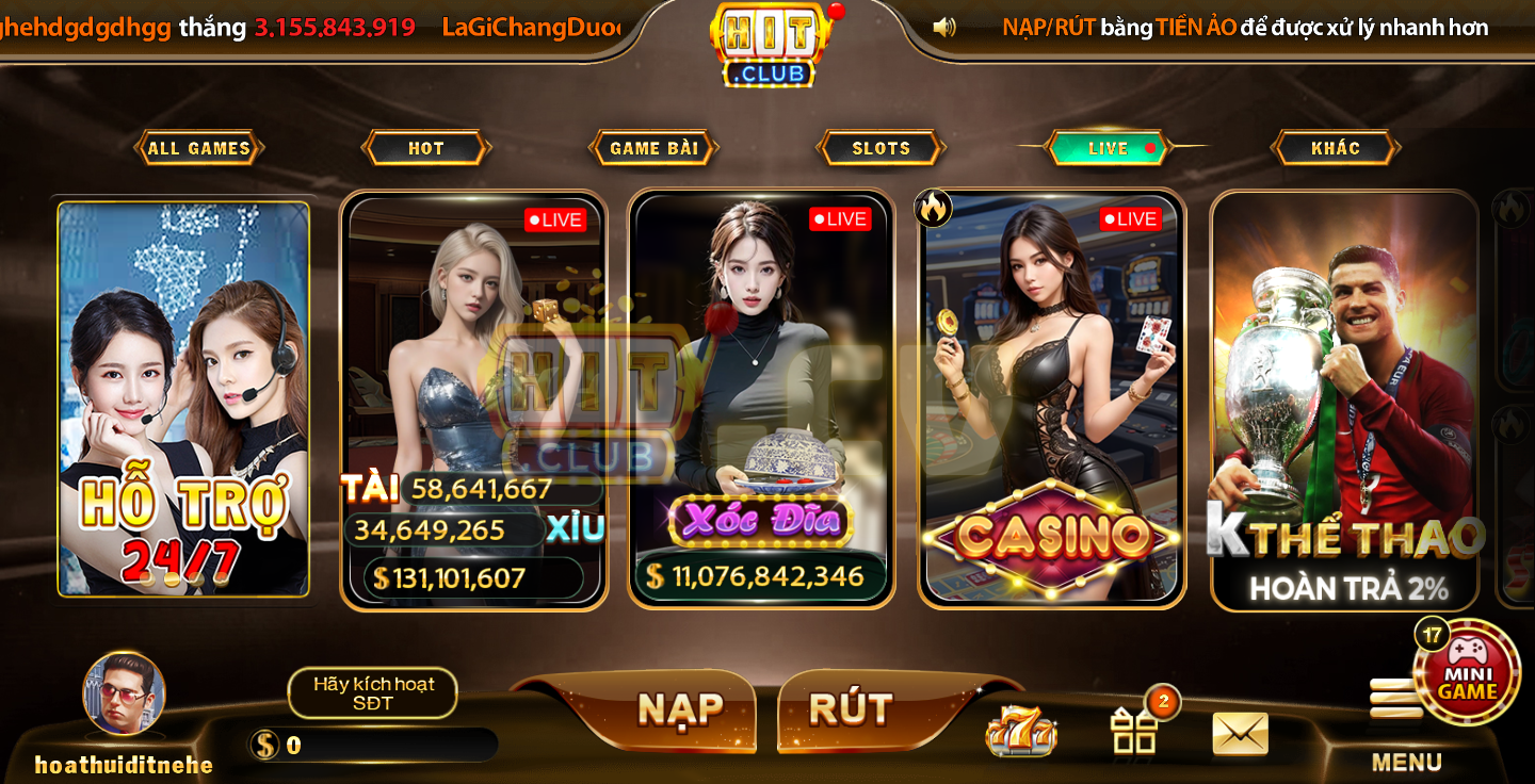 Giao diện cổng game khi truy cập đúng đường link vào HitClub