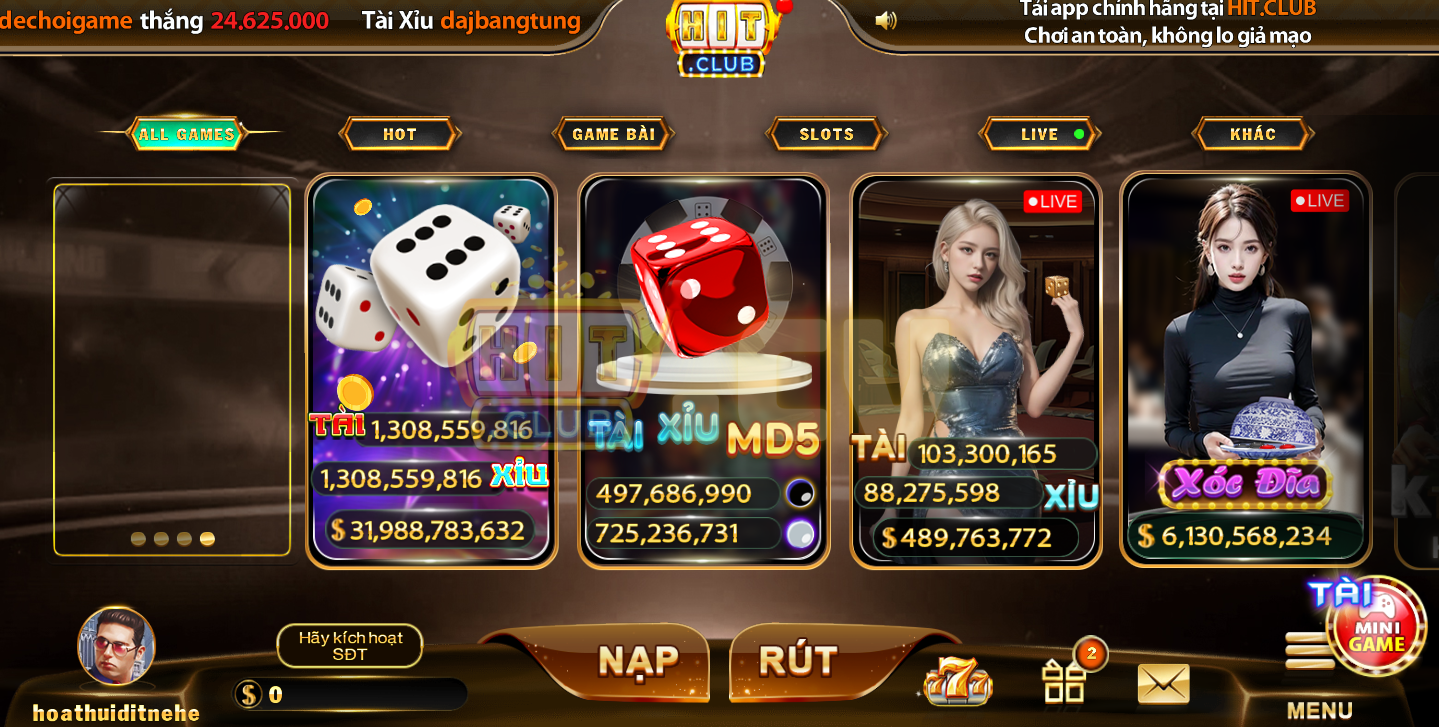 HitClub cung cấp 3 tựa game tài xỉu bao gồm: Tài xỉu truyền thống, tài xỉu MD5 và tài xỉu livestream