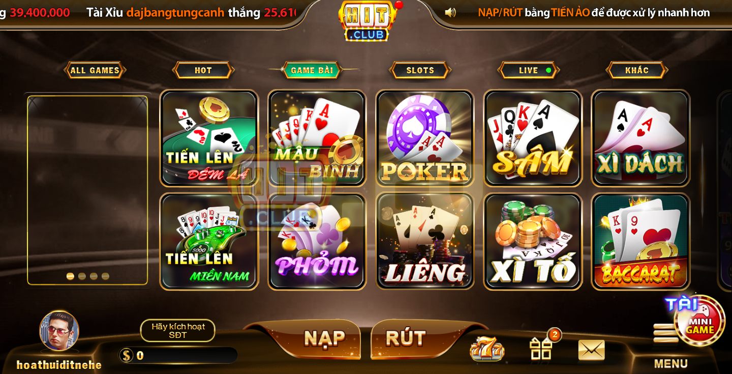 HitClub cung cấp đa dạng các game bài đổi thưởng trực tuyến hàng đầu