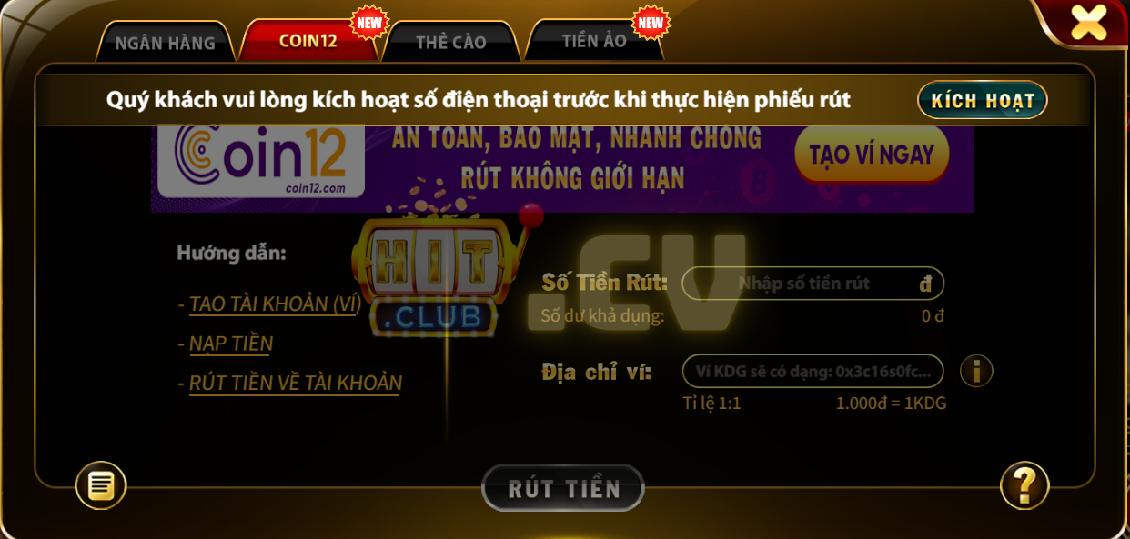 Rút tiền HitClub thông qua ví tiền điện tử COIN12